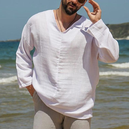 Heren Shirt Linnen V-Hals Lange Mouwen Relaxed Fit 3