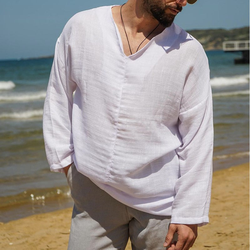 Heren Shirt Linnen V-Hals Lange Mouwen Relaxed Fit 4
