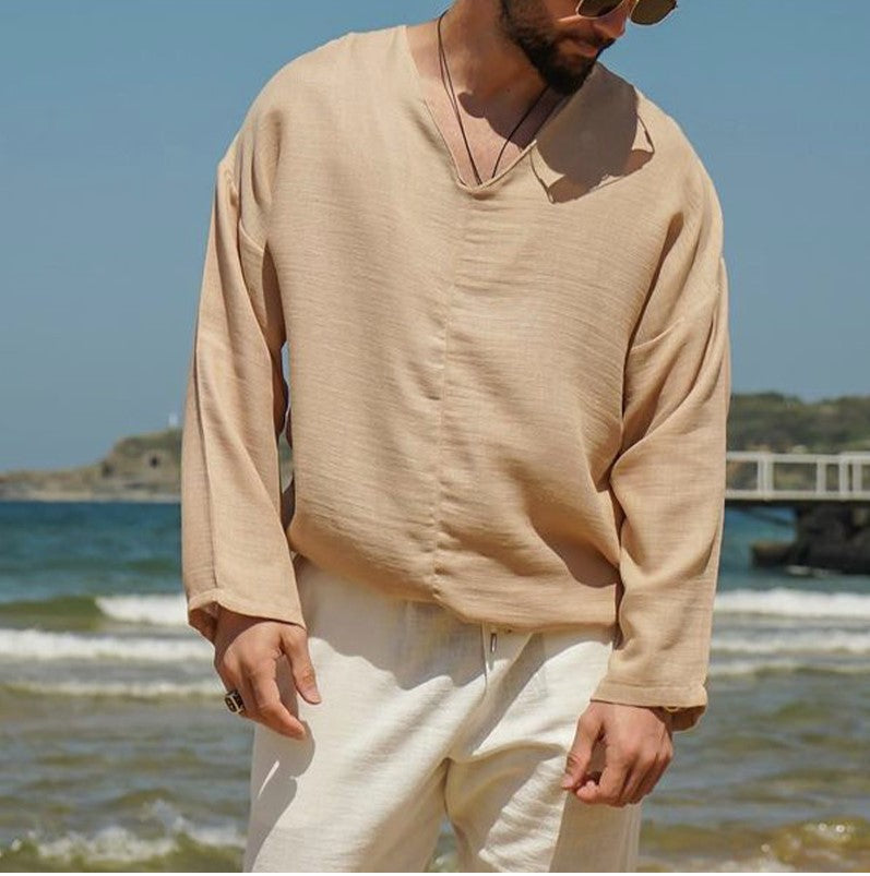 Heren Shirt Linnen V-Hals Lange Mouwen Relaxed Fit 5