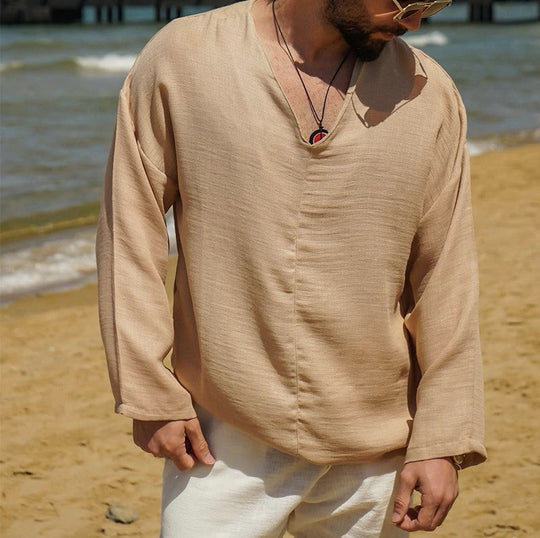 Heren Shirt Linnen V-Hals Lange Mouwen Relaxed Fit 6