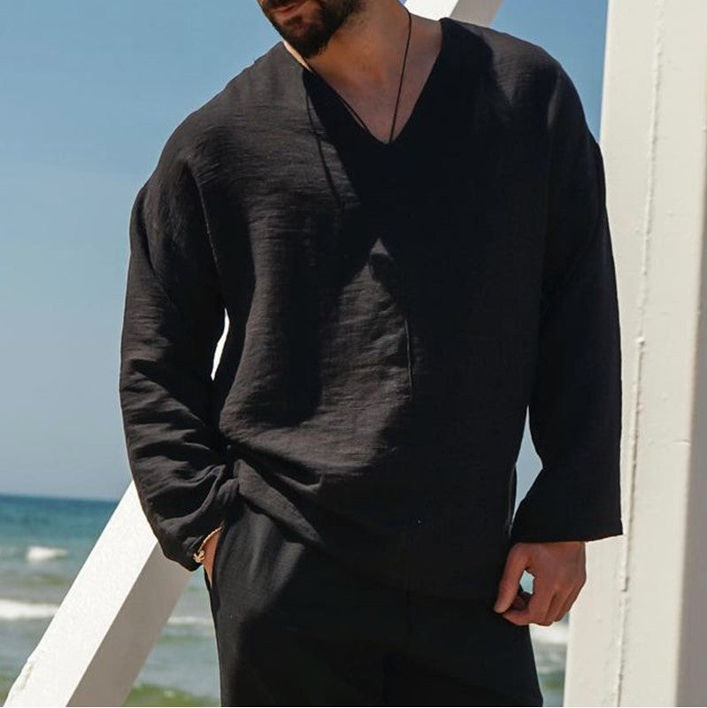 Heren Shirt Linnen V-Hals Lange Mouwen Relaxed Fit 7