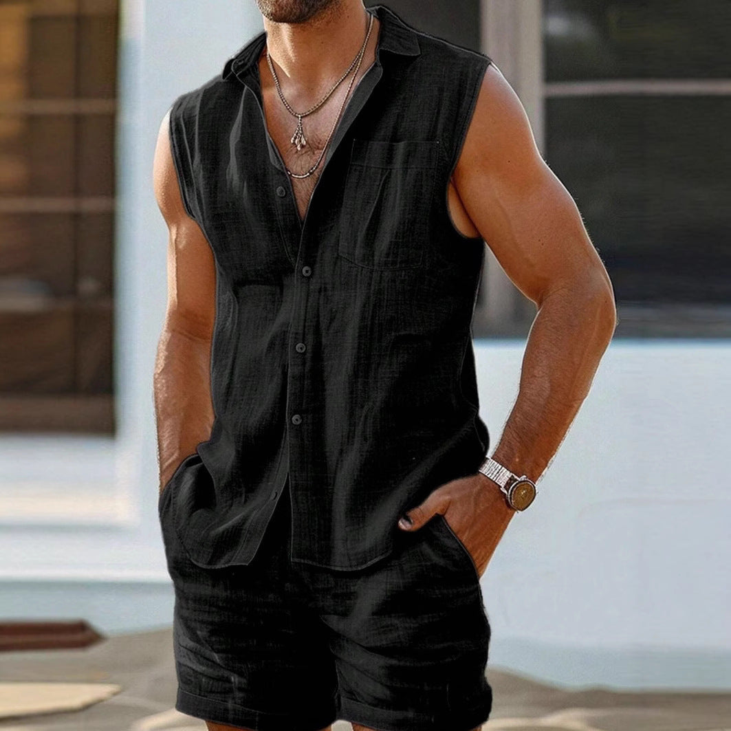 Heren Shirt en Shorts Set Katoen Linnen Casual 1