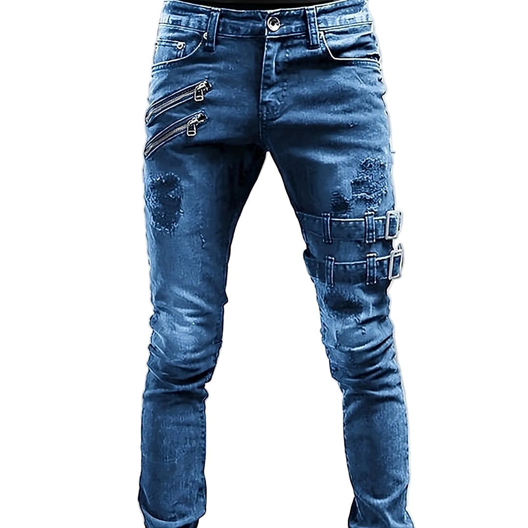 Heren Spijkerbroek Met Gespen En Ritsen - Stoere Denim Broeken 0