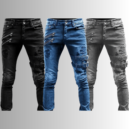 Heren Spijkerbroek Met Gespen En Ritsen - Stoere Denim Broeken 3