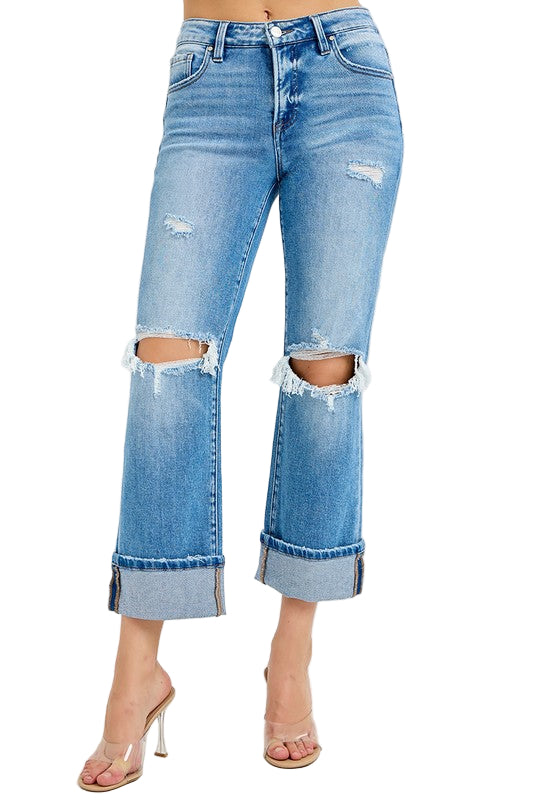 Heren Straight Jeans Met Middelhoge Taille en Cuffs 0