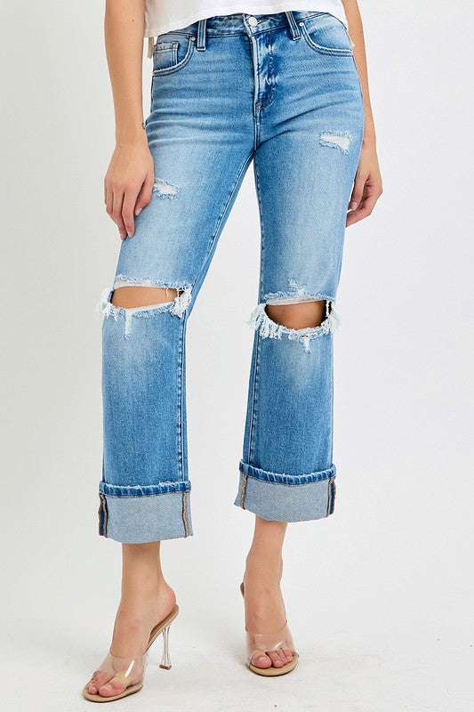 Heren Straight Jeans Met Middelhoge Taille en Cuffs 1