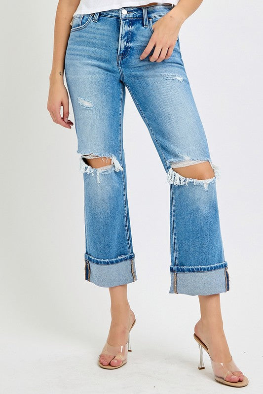 Heren Straight Jeans Met Middelhoge Taille en Cuffs 2