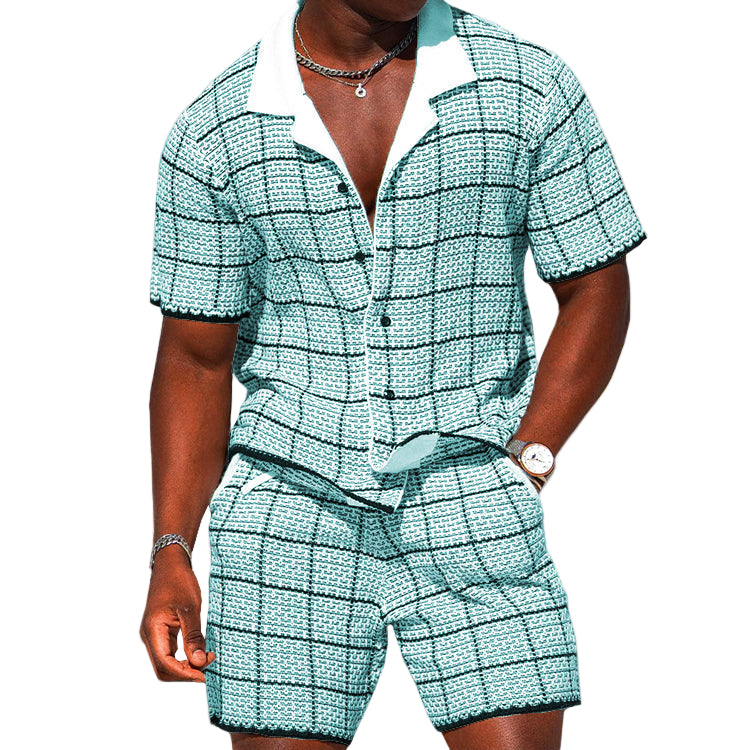 Heren Twee-Delige Outfit - Korte Mouwen Overhemd & Shorts - Geruit Casual 0