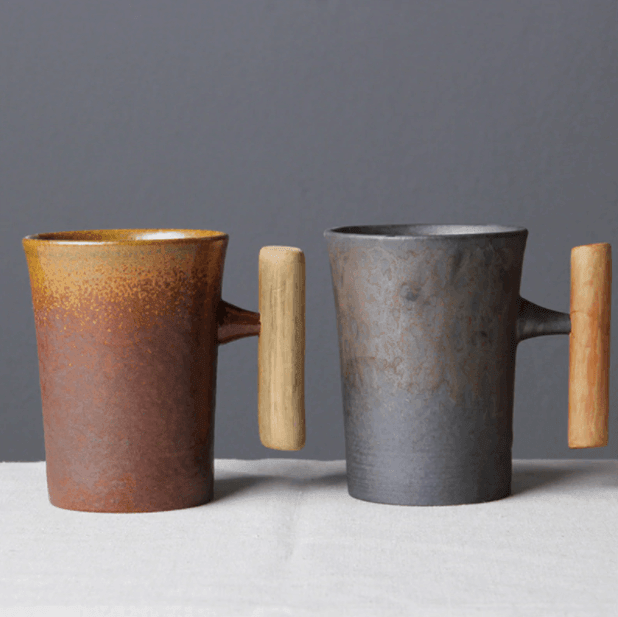 Keramische Koffiemok met Houten Handvat in Japanse Stijl 2