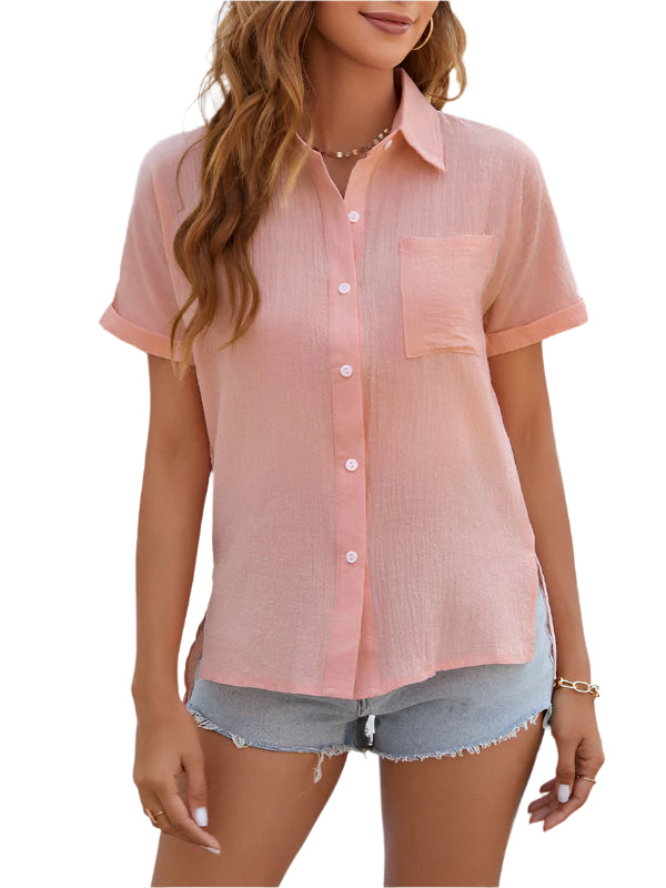 Korte Mouwen Hemd met Zijslit en Pocket van Katoen en Linnen voor Dames 0