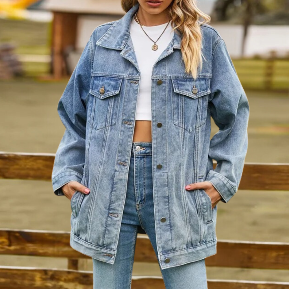 Lange Dames Jas Oversized Retro Denim Look voor Winter 1
