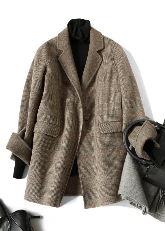 Lange Dames Jas met Peter Pan Kraag en Geruite Print 0