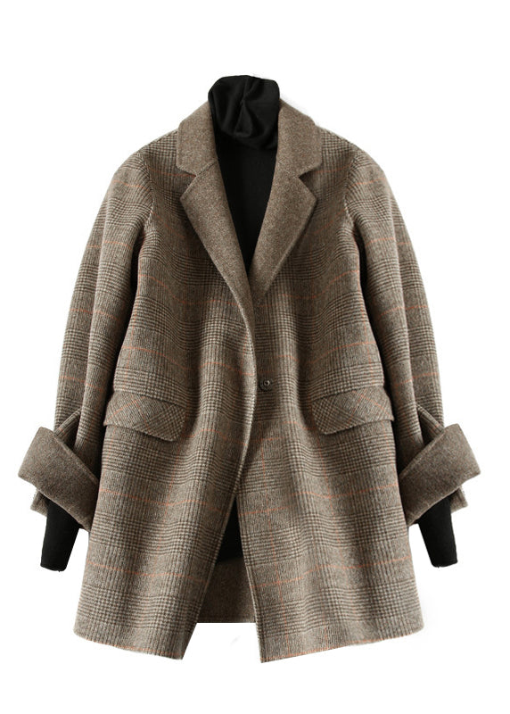 Lange Dames Jas met Peter Pan Kraag en Geruite Print 3