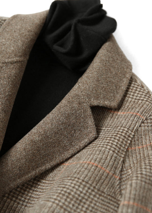 Lange Dames Jas met Peter Pan Kraag en Geruite Print 4