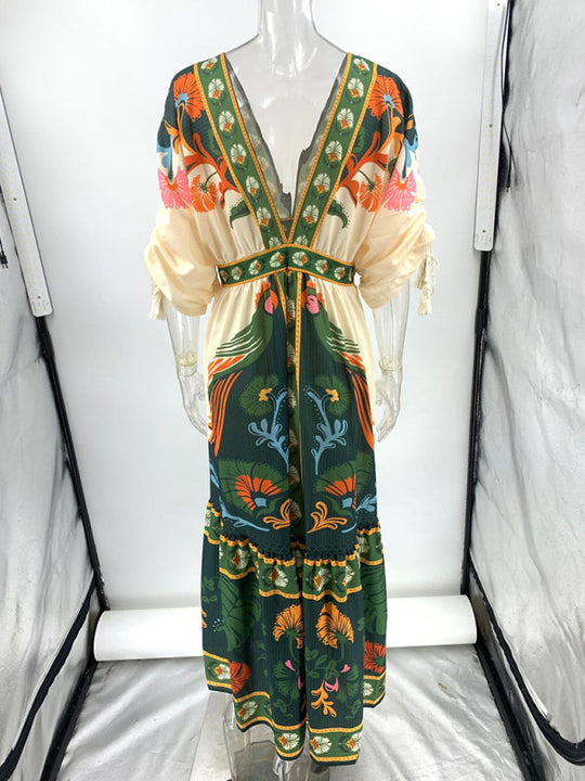 Lange Jurk Dames V-hals Volledige Print Linnen Zomer Kleding Dames 1