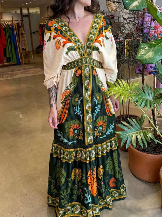 Lange Jurk Dames V-hals Volledige Print Linnen Zomer Kleding Dames 3