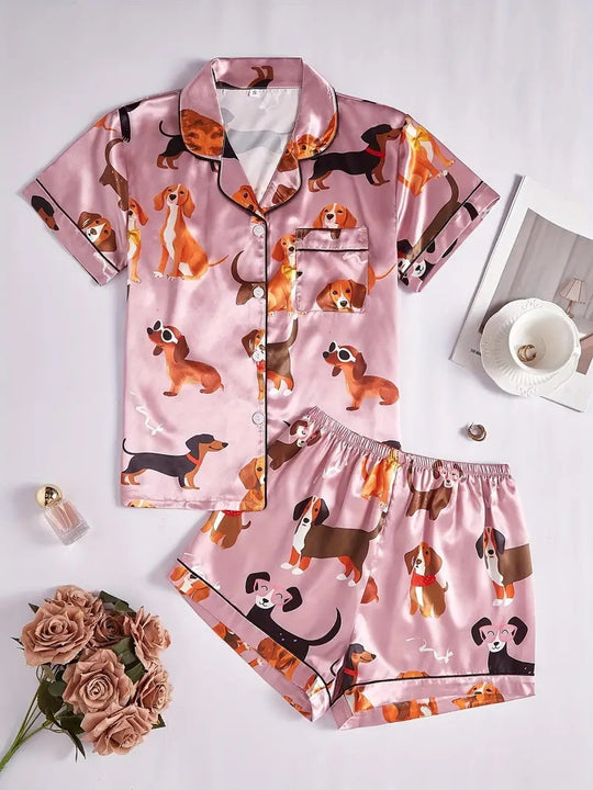 Dames Satijnen Pyjama Set met Puppyprint
