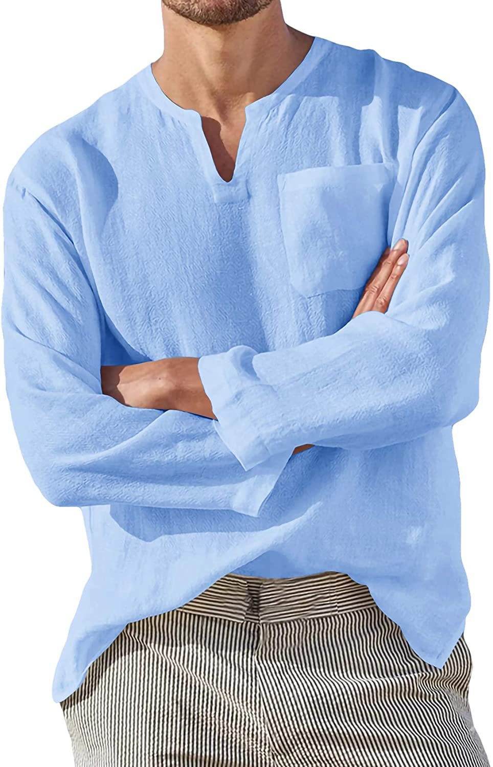 Heren katoenen linnen shirt met V-hals