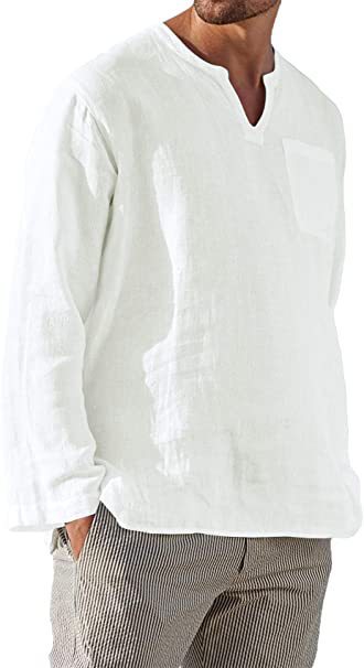 Heren katoenen linnen shirt met V-hals