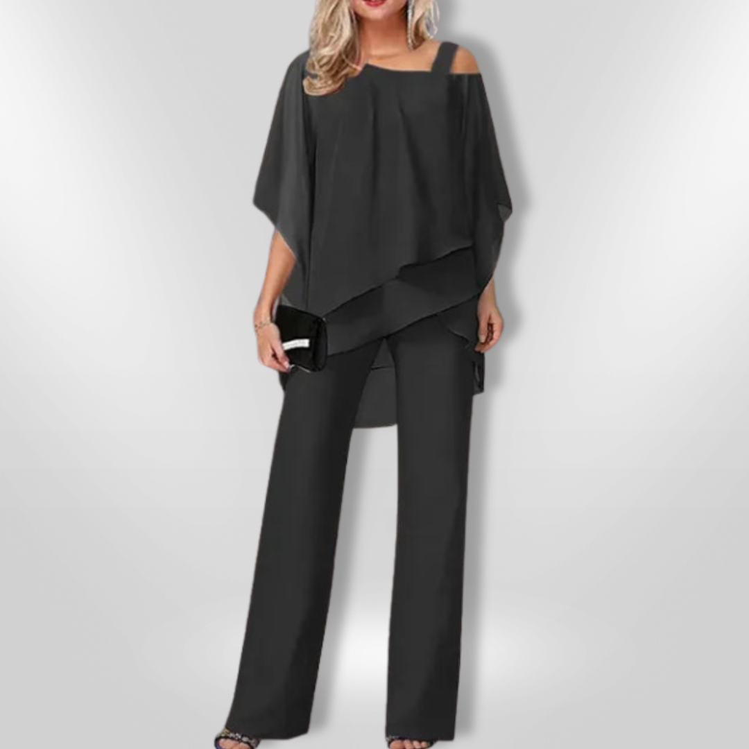 Tweedelige Set Dames Asymmetrische Top en Brede Broek van Premium Stof 0