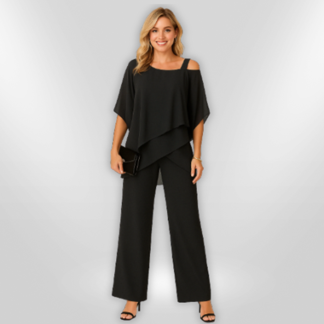 Tweedelige Set Dames Asymmetrische Top en Brede Broek van Premium Stof 1