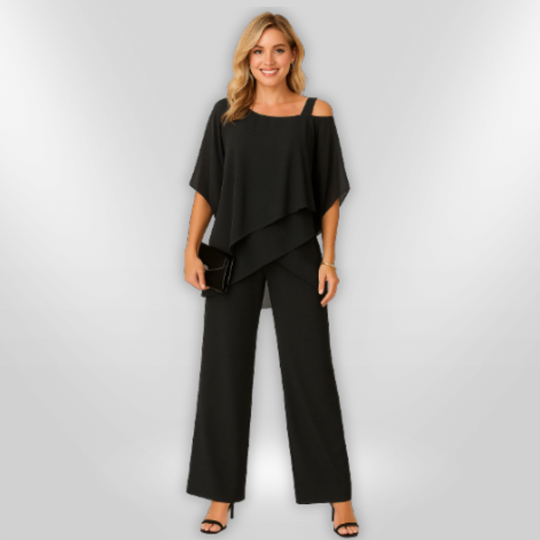 Tweedelige Set Dames Asymmetrische Top en Brede Broek van Premium Stof 1
