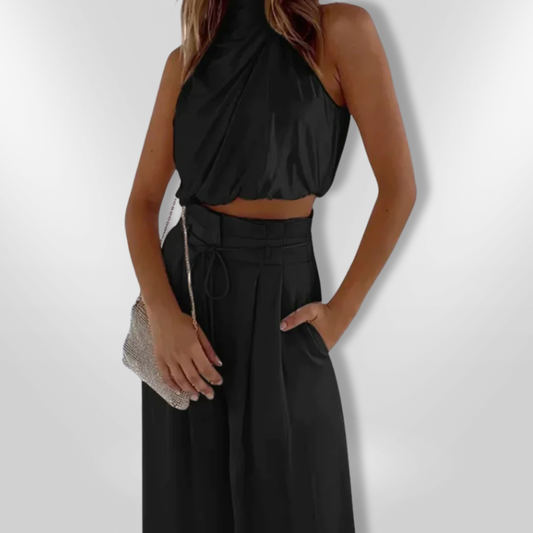 Tweedelige Set Dames Chic Drapé Stijl Met Cropped Top En Wijde Pantalons 0