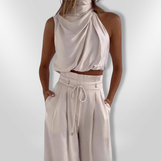 Tweedelige Set Dames Chic Drapé Stijl Met Cropped Top En Wijde Pantalons 3