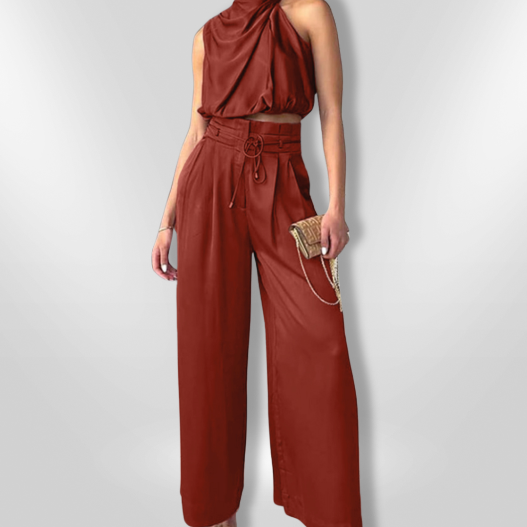 Tweedelige Set Dames Chic Drapé Stijl Met Cropped Top En Wijde Pantalons 4