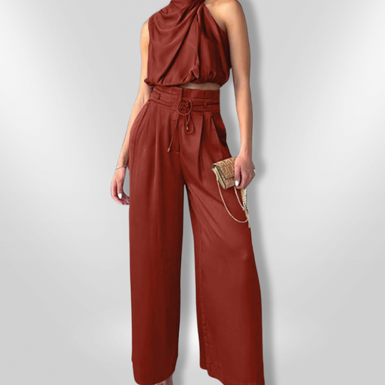 Tweedelige Set Dames Chic Drapé Stijl Met Cropped Top En Wijde Pantalons 4