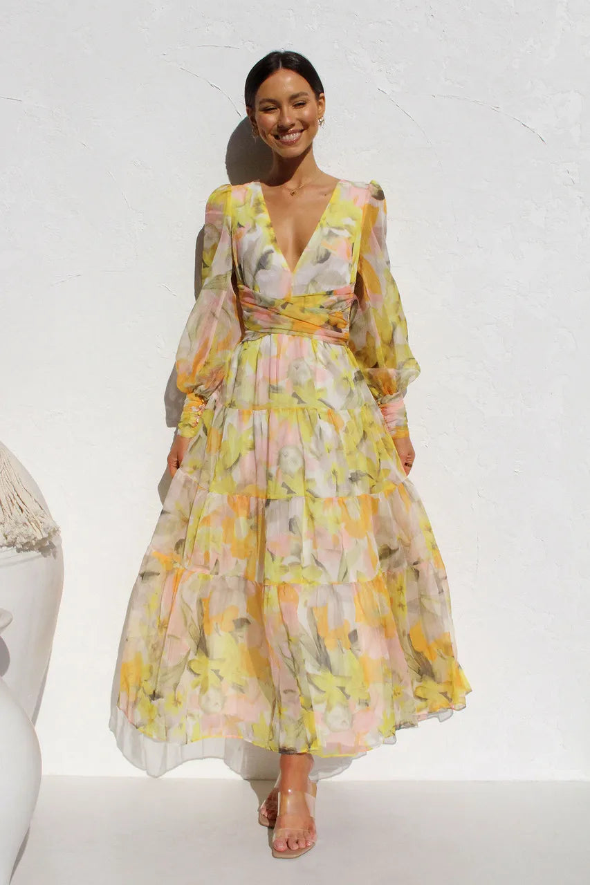 Vrouwen Maxi Jurk Elegante Chiffon Lange Mouwen 3