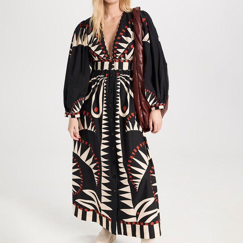 Vrouwen Maxi Jurk Lange Mouwen V-Hals 5