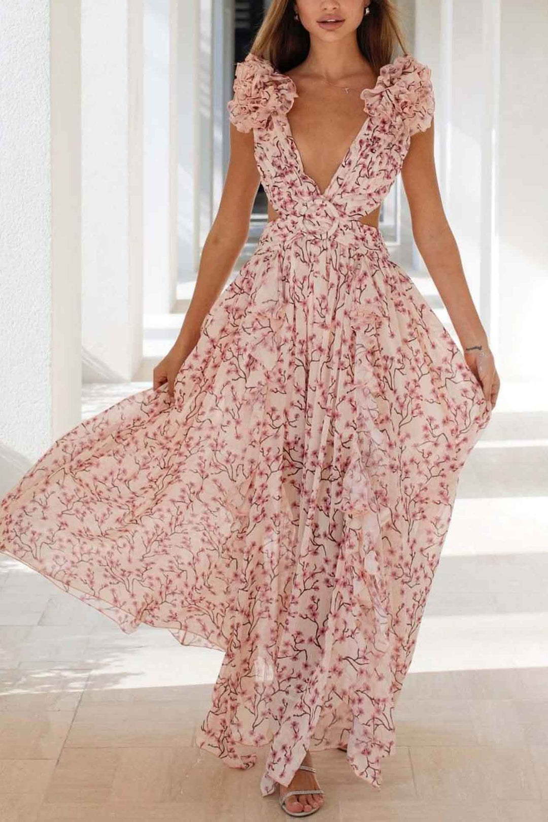 Vrouwen Maxi Jurk Met Diepe V-Hals En Rimpel Mouwen 1