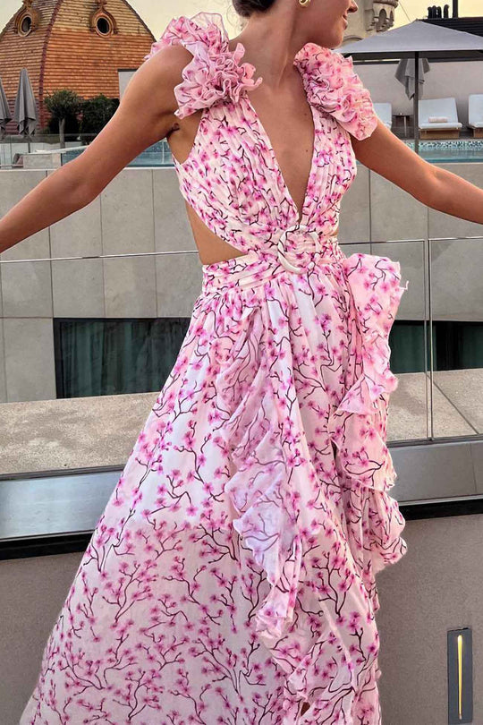 Vrouwen Maxi Jurk Met Diepe V-Hals En Rimpel Mouwen 2