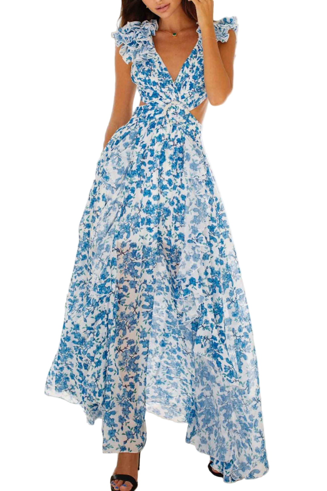 Vrouwen Maxi Jurk Met Diepe V-Hals En Rimpel Mouwen 8