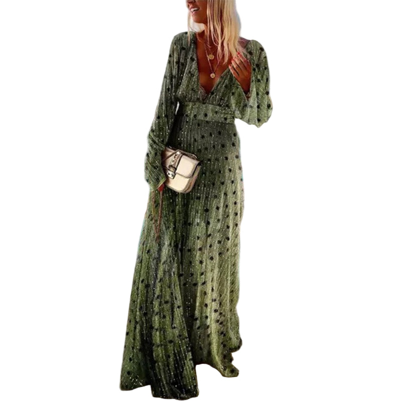 Vrouwen Maxi Jurk Met Lange Mouwen en V-Hals 0