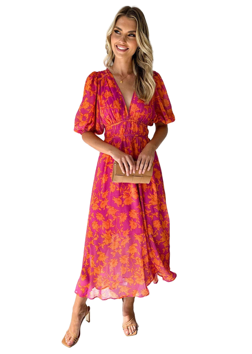Vrouwen Maxi Jurk Met V-Hals En Puff Mouwen 0
