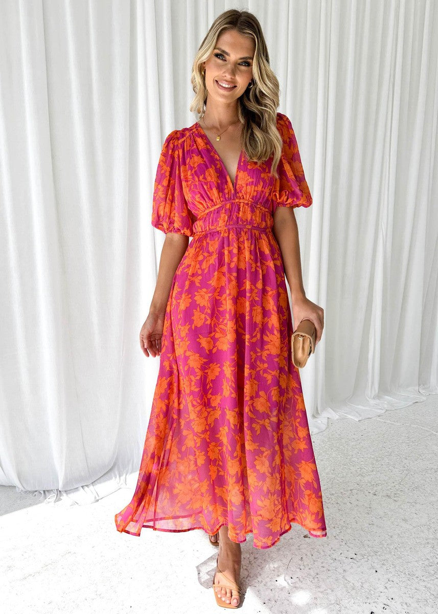 Vrouwen Maxi Jurk Met V-Hals En Puff Mouwen 3