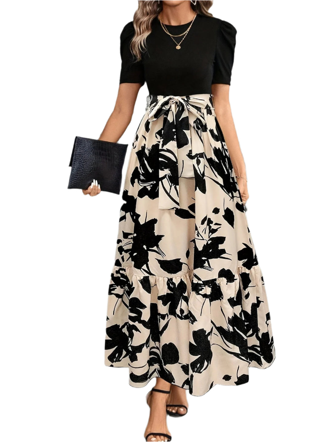 Vrouwen Maxi Jurk Puff Korte Mouwen Met Strik Taille A-Lijn 0