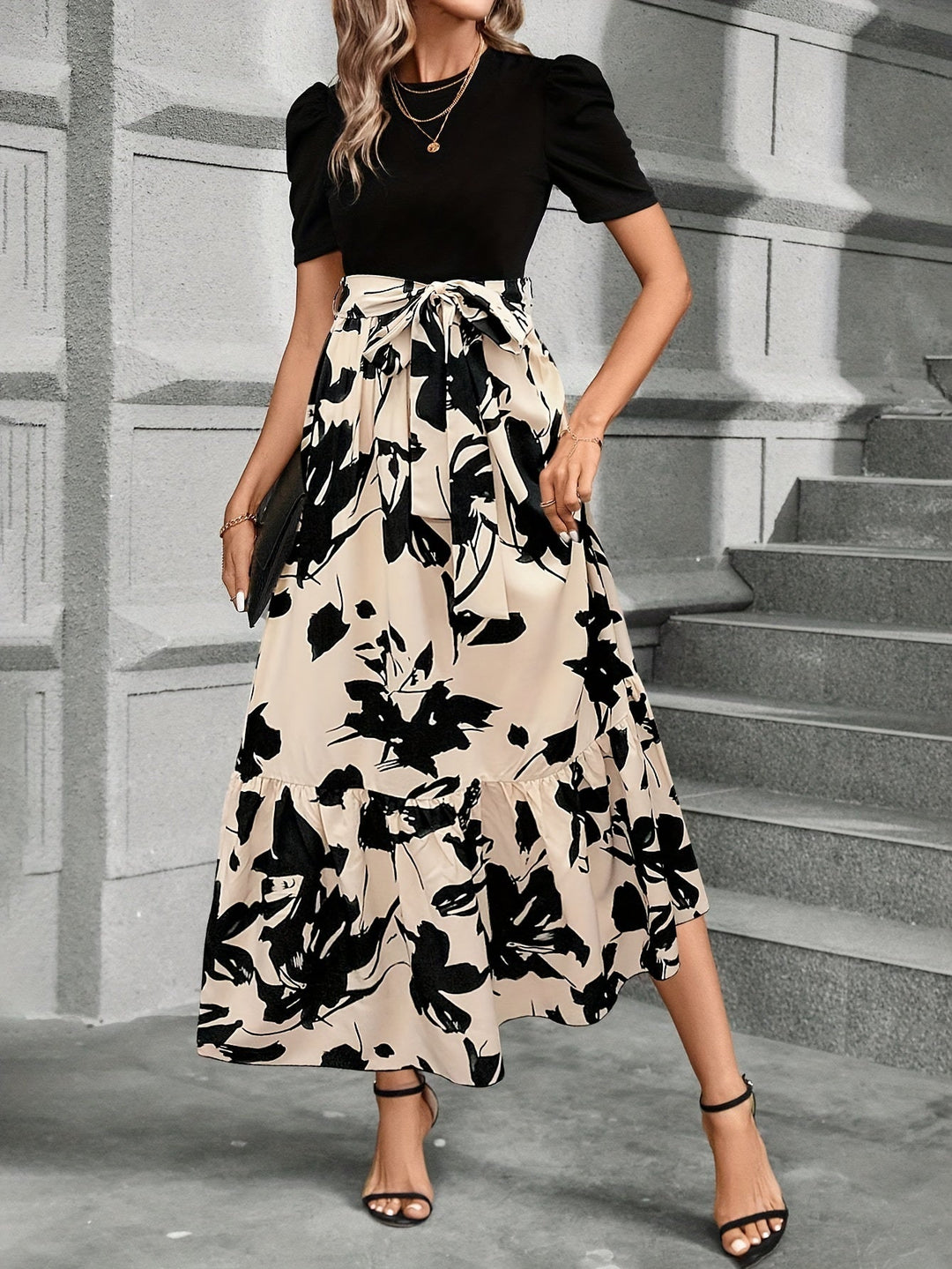 Vrouwen Maxi Jurk Puff Korte Mouwen Met Strik Taille A-Lijn 2