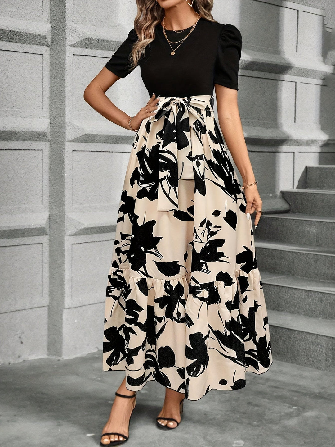 Vrouwen Maxi Jurk Puff Korte Mouwen Met Strik Taille A-Lijn 3
