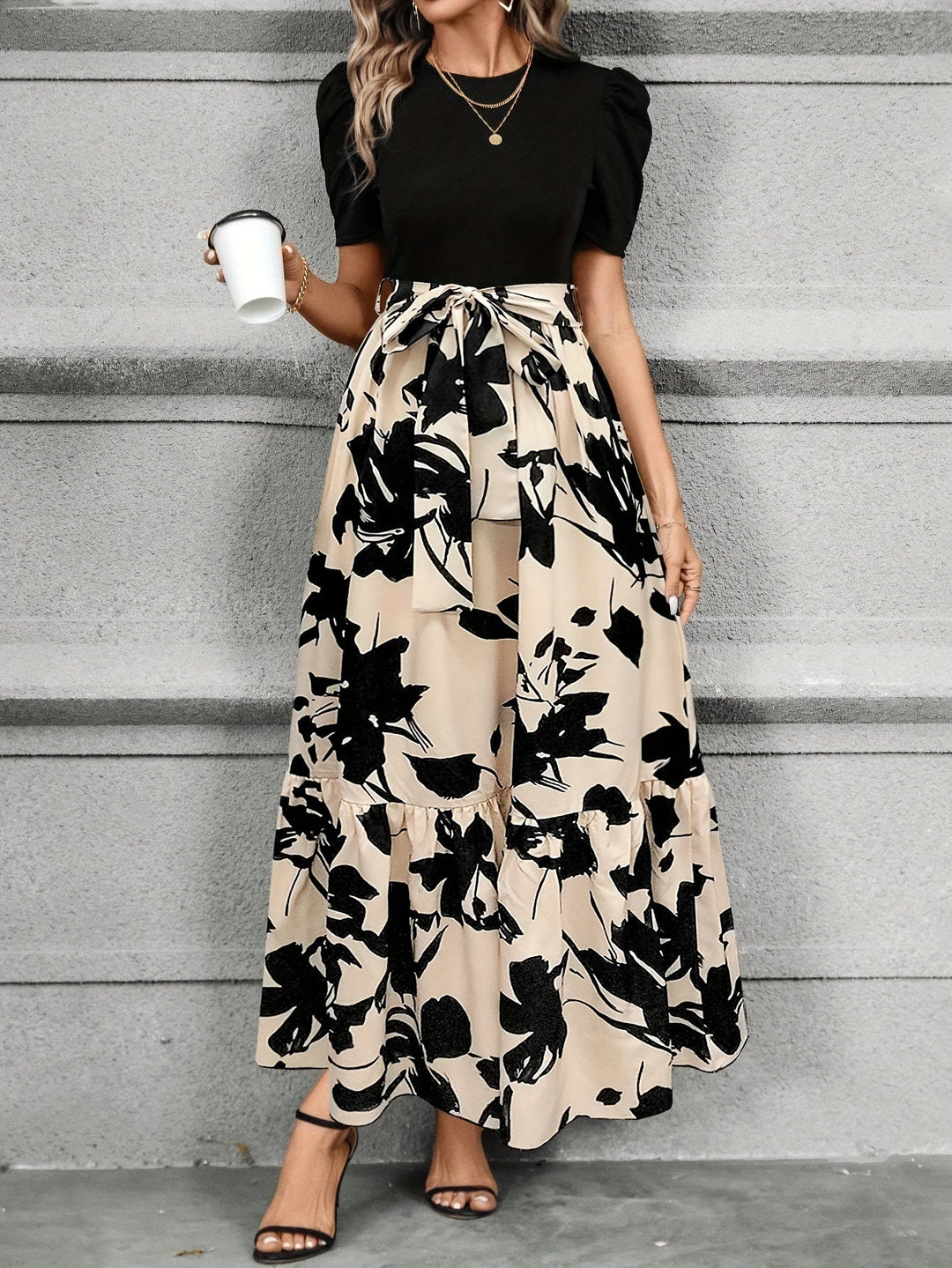 Vrouwen Maxi Jurk Puff Korte Mouwen Met Strik Taille A-Lijn 4