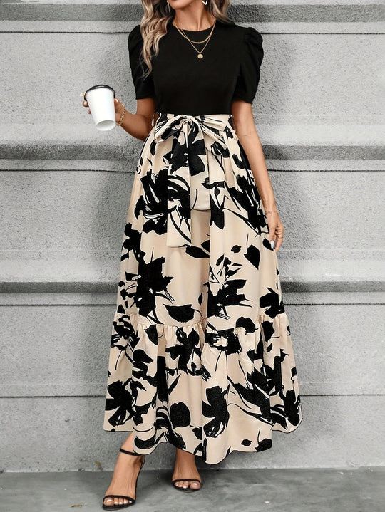 Vrouwen Maxi Jurk Puff Korte Mouwen Met Strik Taille A-Lijn 4