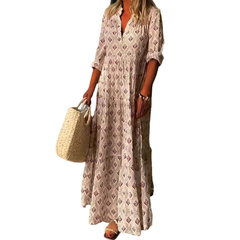 Vrouwen Maxi Jurk V-hals Vintage Print 0