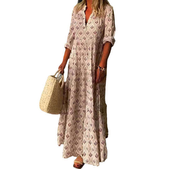 Vrouwen Maxi Jurk V-hals Vintage Print 0