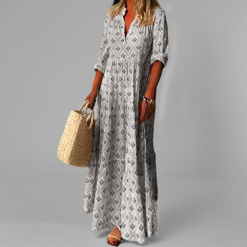 Vrouwen Maxi Jurk V-hals Vintage Print 2