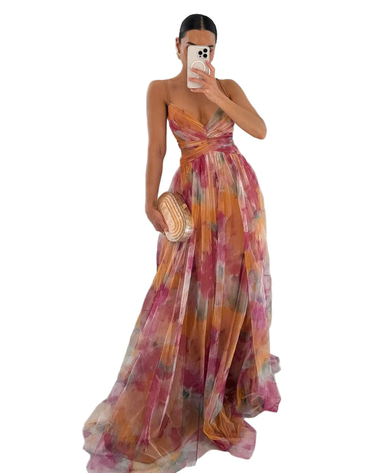 Vrouwen Maxi Jurk Waterverfprint met Kruisband 0