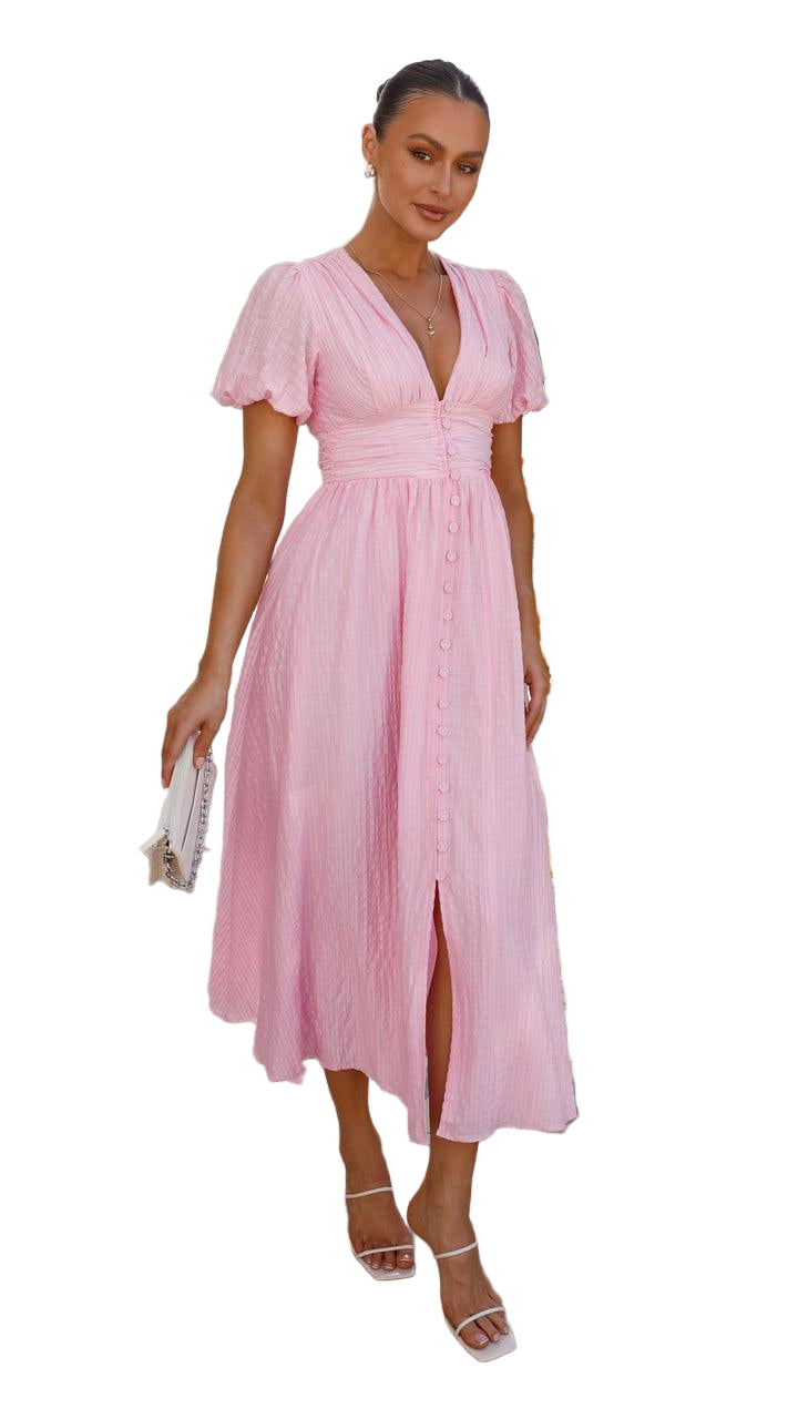 Vrouwen Maxi Jurk met V-hals en Puff Mouwen 1