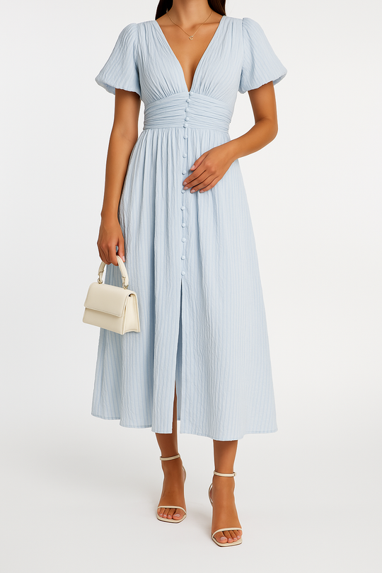 Vrouwen Maxi Jurk met V-hals en Puff Mouwen 2