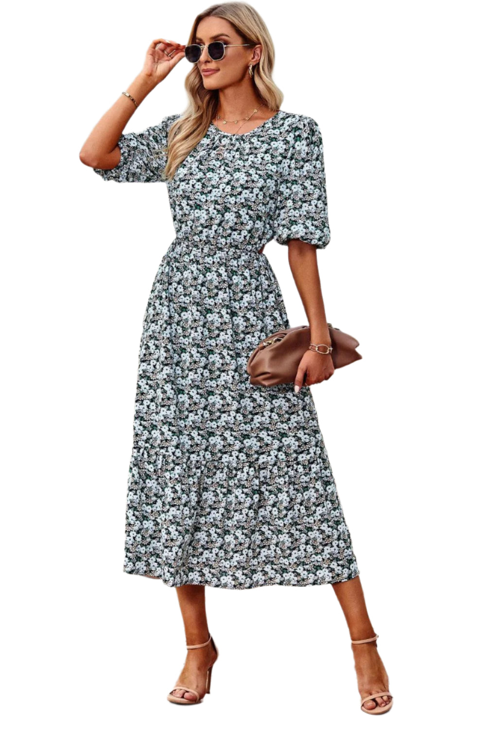Vrouwen Midi Jurk Met Puff Mouwen en Bloemenprint 0